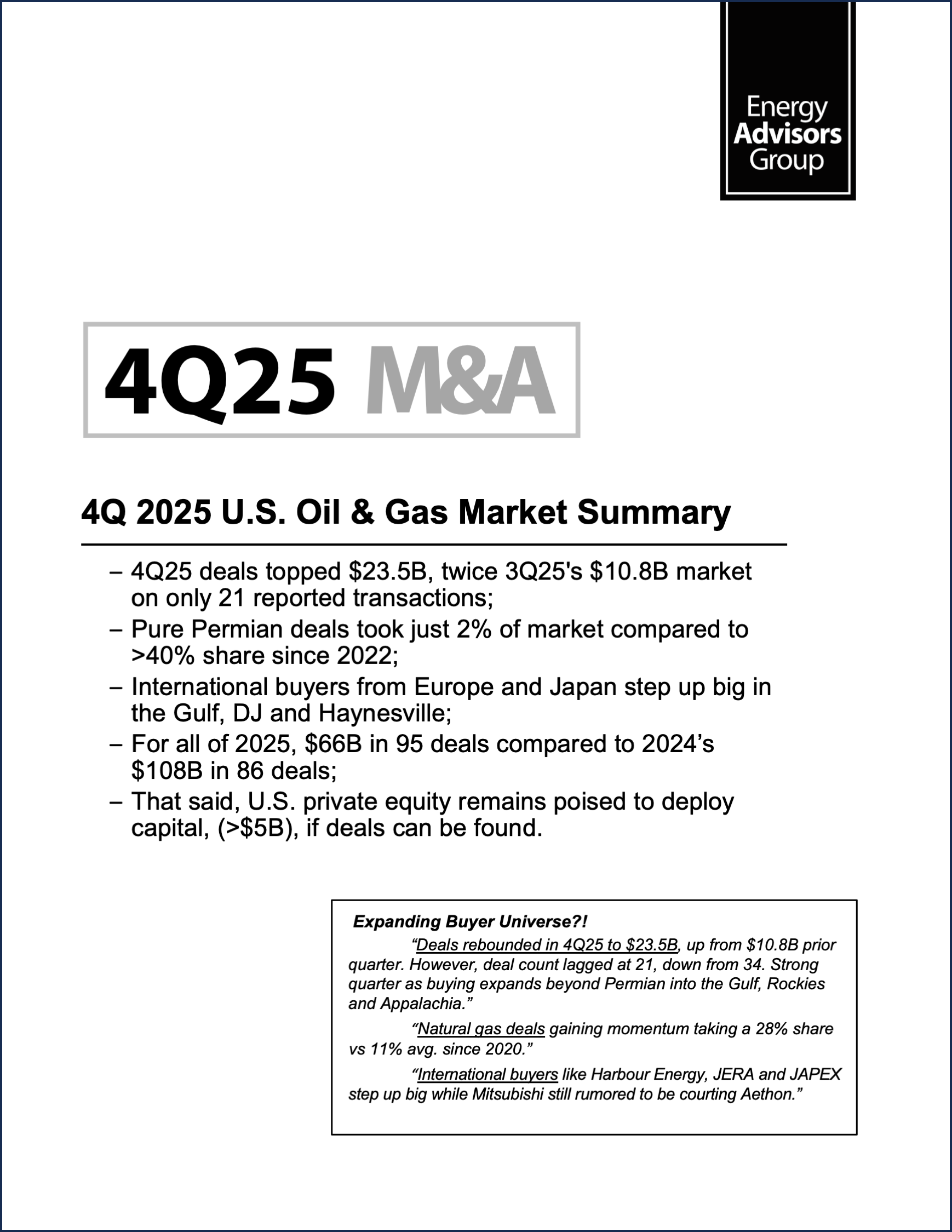 04Q25 QUARTERLY M&A REPORT - Energy Advisors Group 04Q25 QUARTERLY M&A REPORT